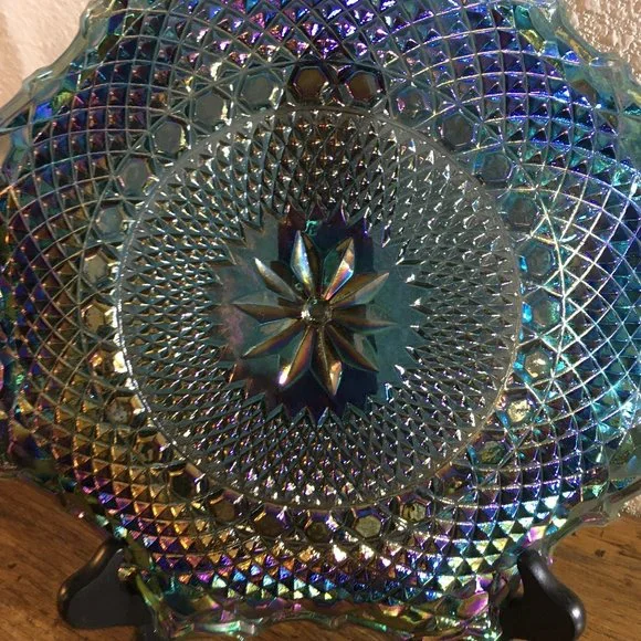 Vintage Blue Iridescent Ruffled Diamond Point Dessert Plate - Picture 4 of 9